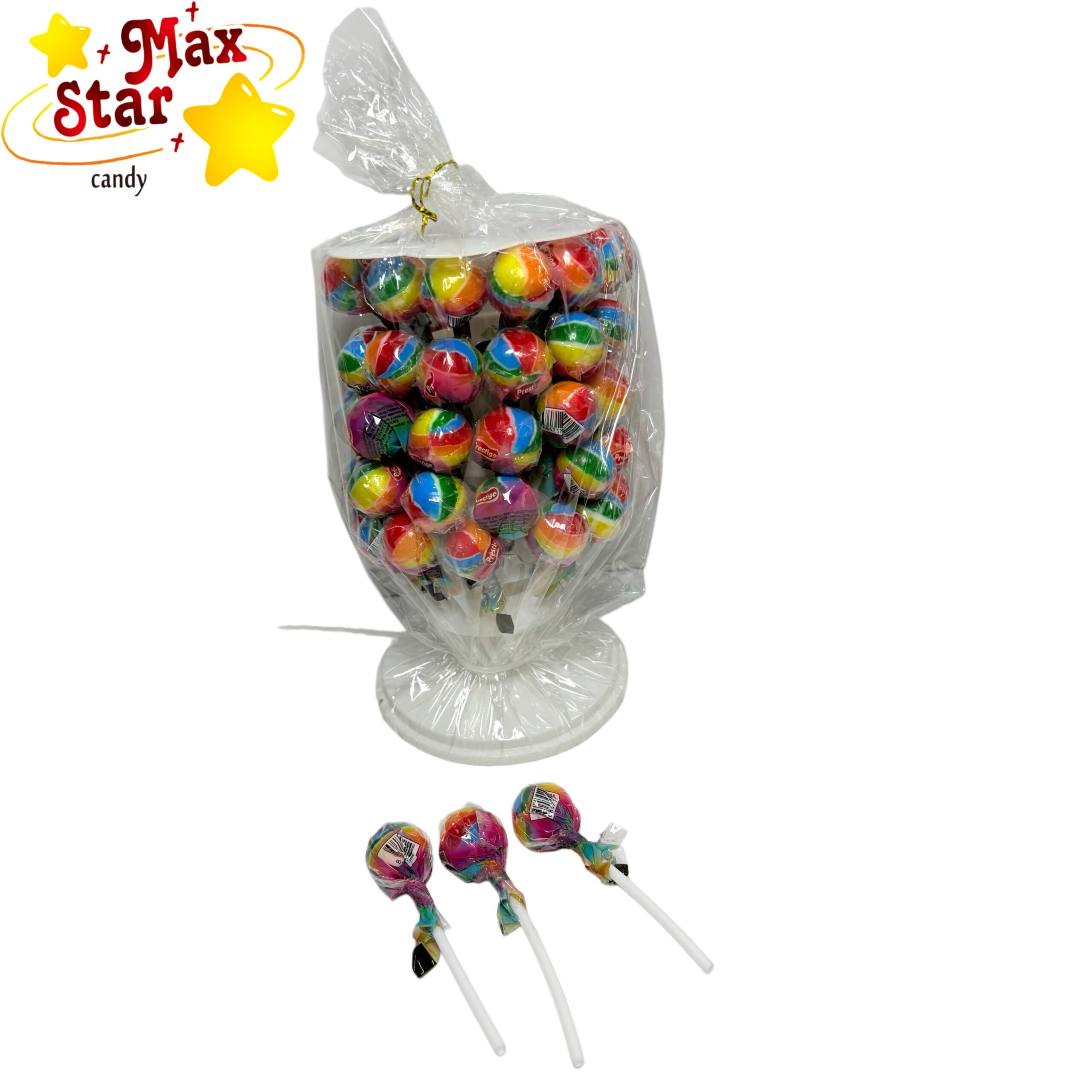 حلوى الشوكولاتة المقرمشة على شكل أنبوب 4 مصاصات دائرية ملونة بألوان قوس قزح مع حامل عرض