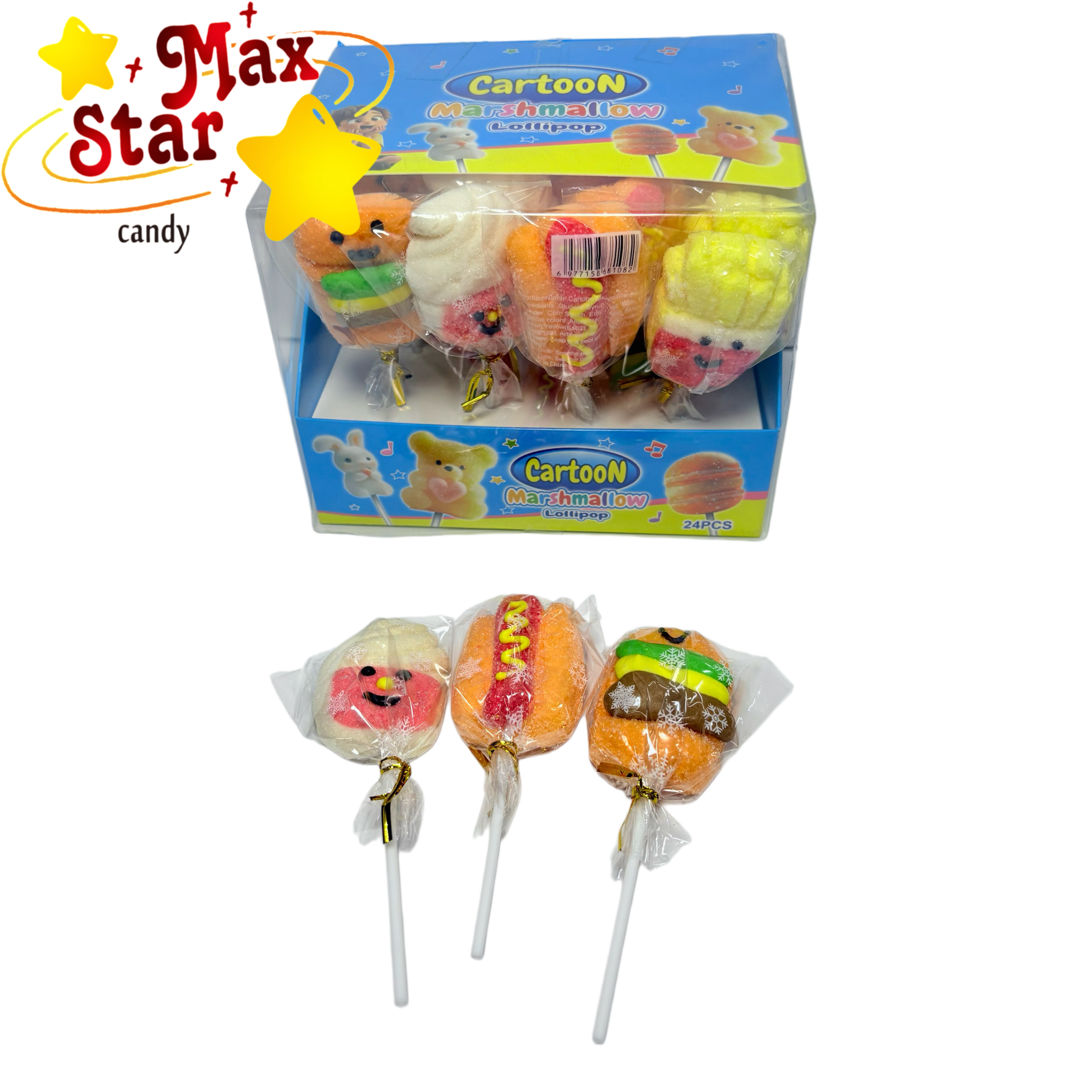 Pez payaso de juguete Pop Stick con gominolas 4 Palitos de malvavisco con forma de comida rápida Piruleta de malvavisco de dibujos animados