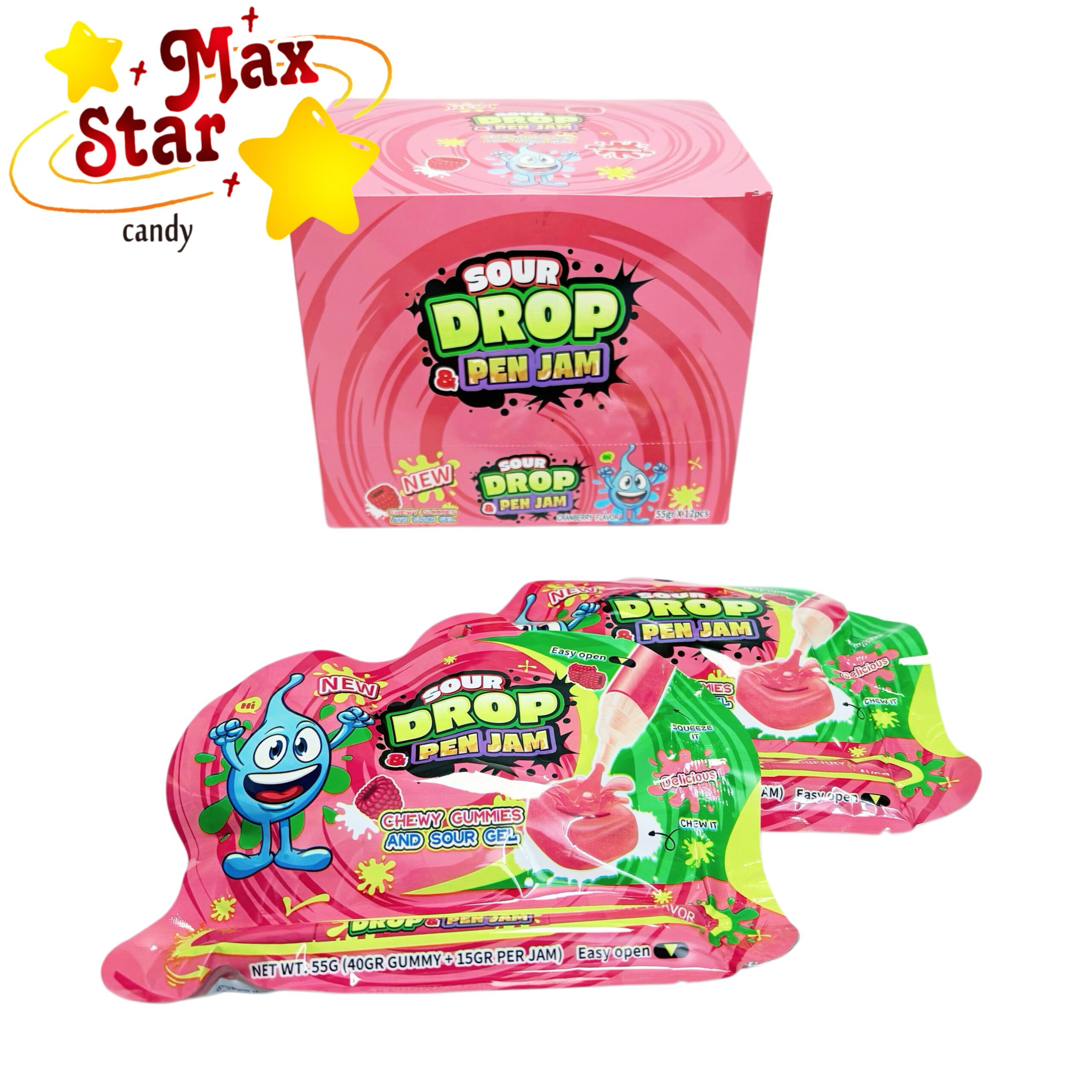 Novedad Hamburguesa Piruleta de malvavisco con capas de gominola 6 Sour Drop & Pen Jam Caramelo de alta calidad con mermelada Pen & Gummy