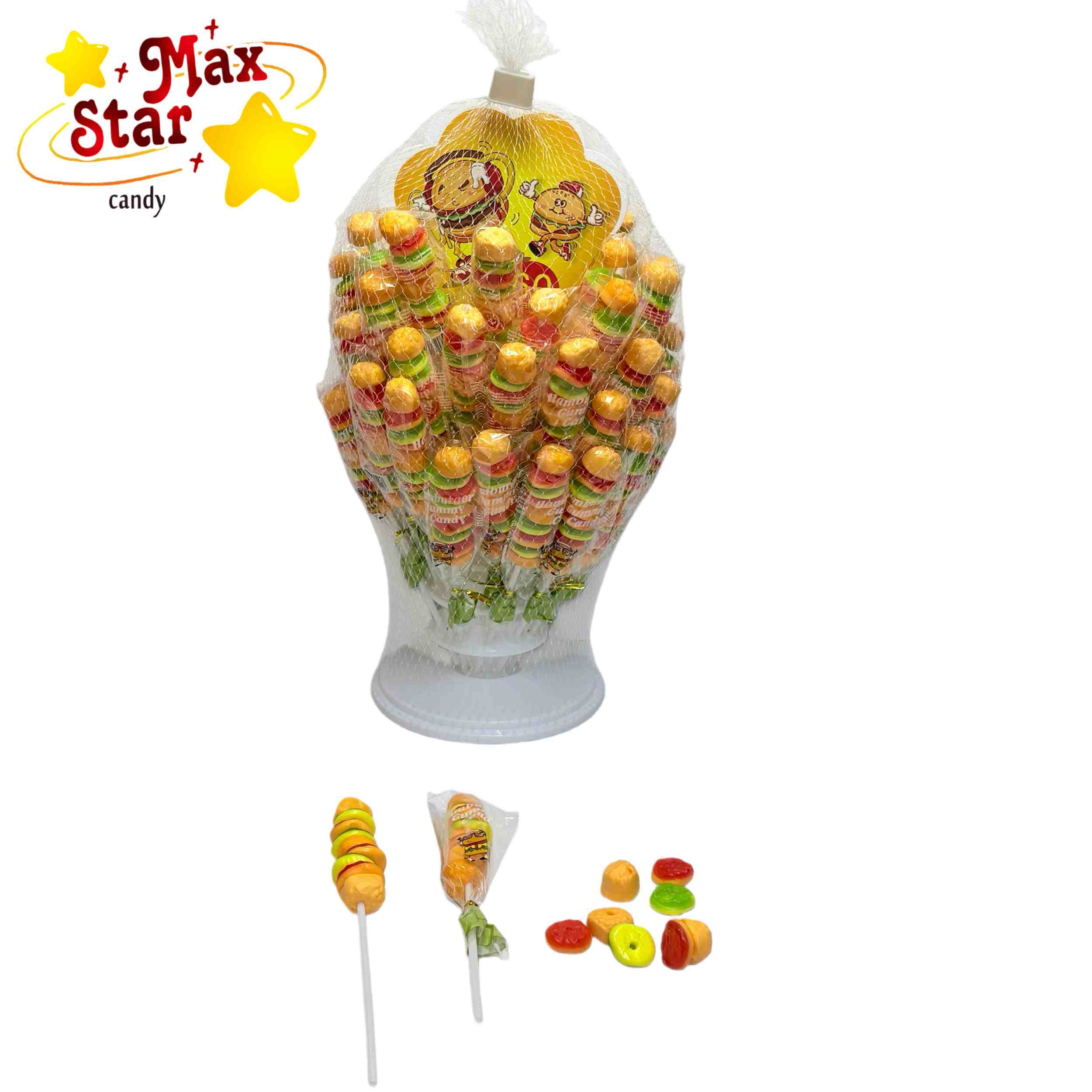 أسياخ المارشميلو المكسوة بالحيوانات الاحتفالية 4 أسياخ علكة البرجر بالجملة مع حامل العرض